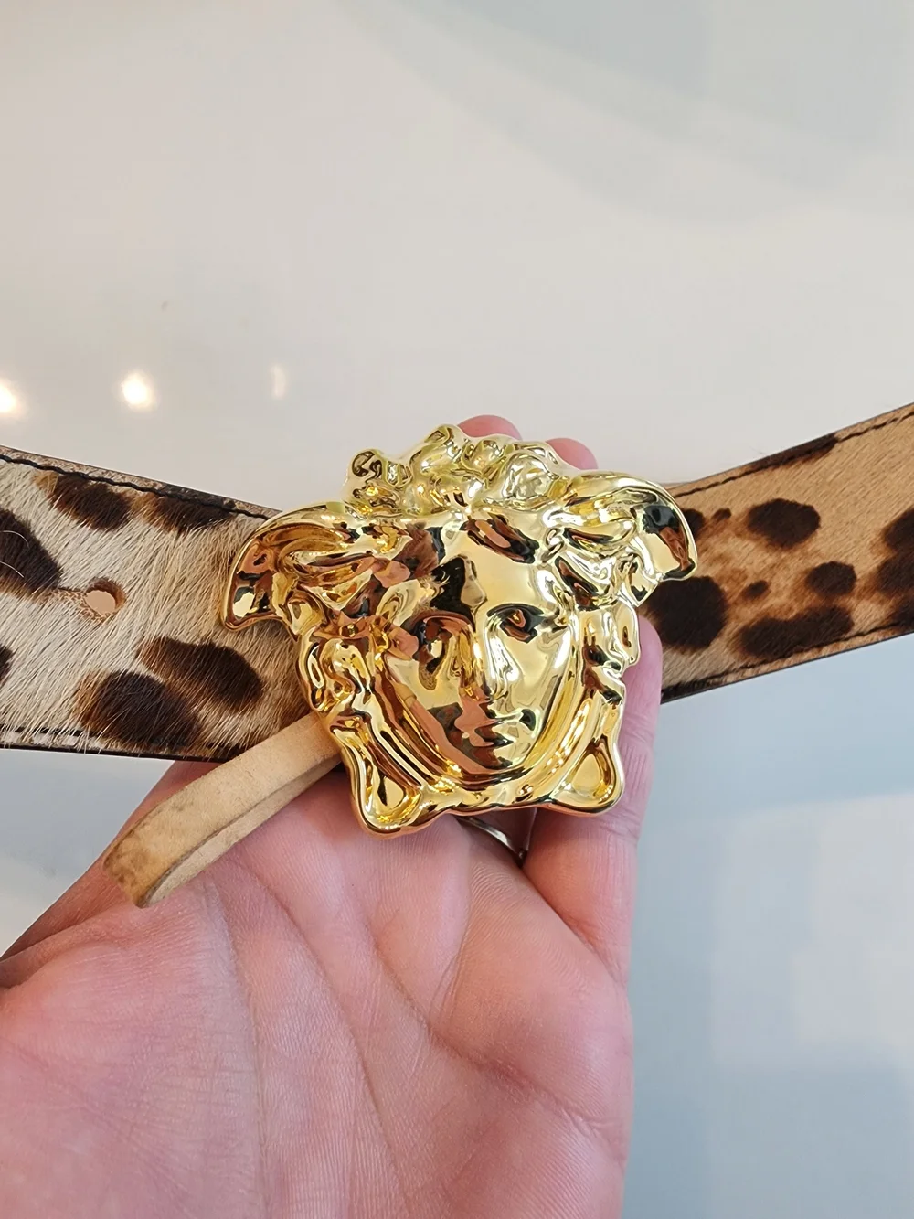 Versace Gold Medusa Buckle Leopard Print Belt